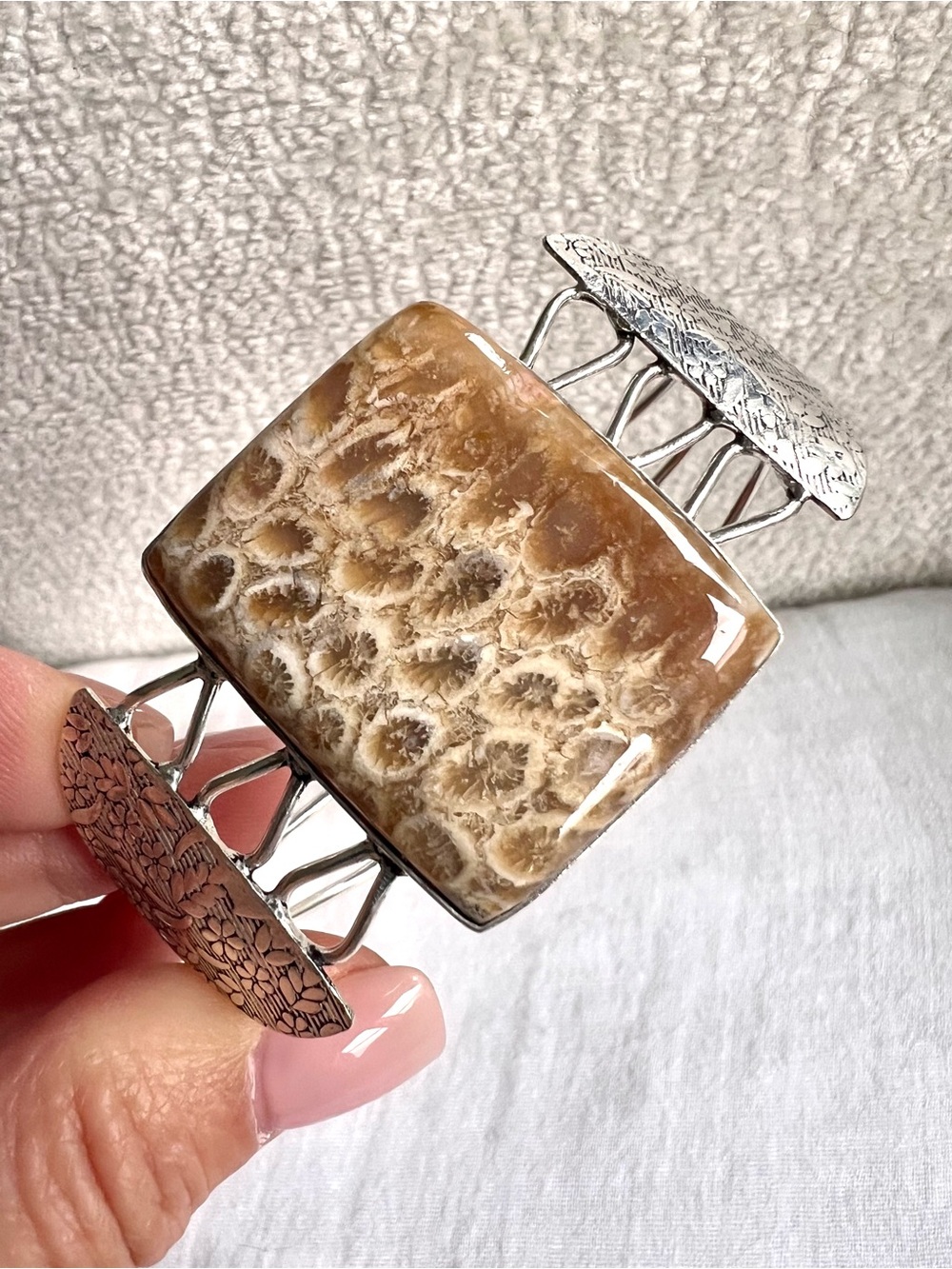 925 OMG OMG Amber Petoskey Stone Fossil Cuff Bracelet
